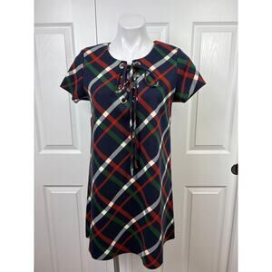 J.O.A Los Angeles Short Sleeve Plaid Navy Green Shift Dress Women's size Medium